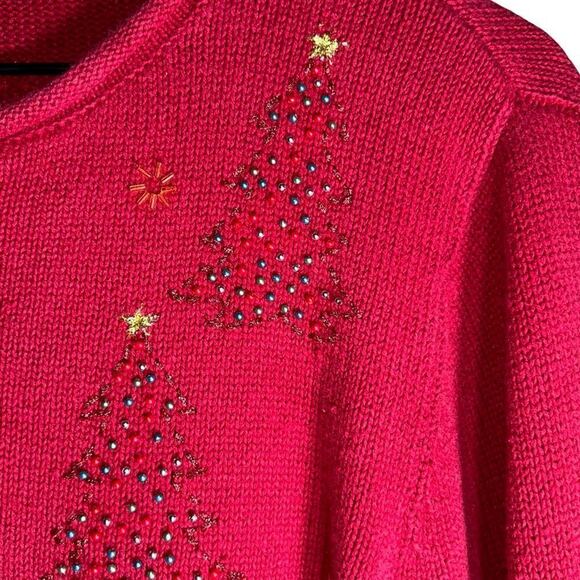 Vintage Croft & Barrow Red Cardigan Sweater with Beaded Christmas Trees - Size S - Picture 8 of 10
